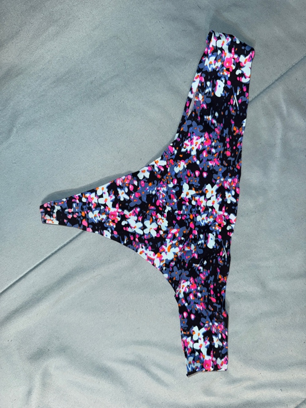 Floral Print Thong Panty - Black with Pink & Purple Accents